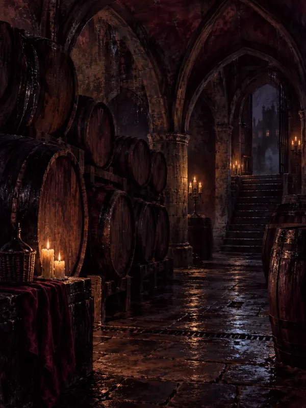 The Cellar: Dark and damp, lined with wine barrels