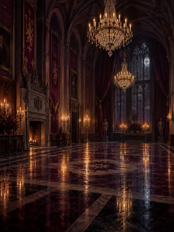 A grand ballroom with crystal chandeliers