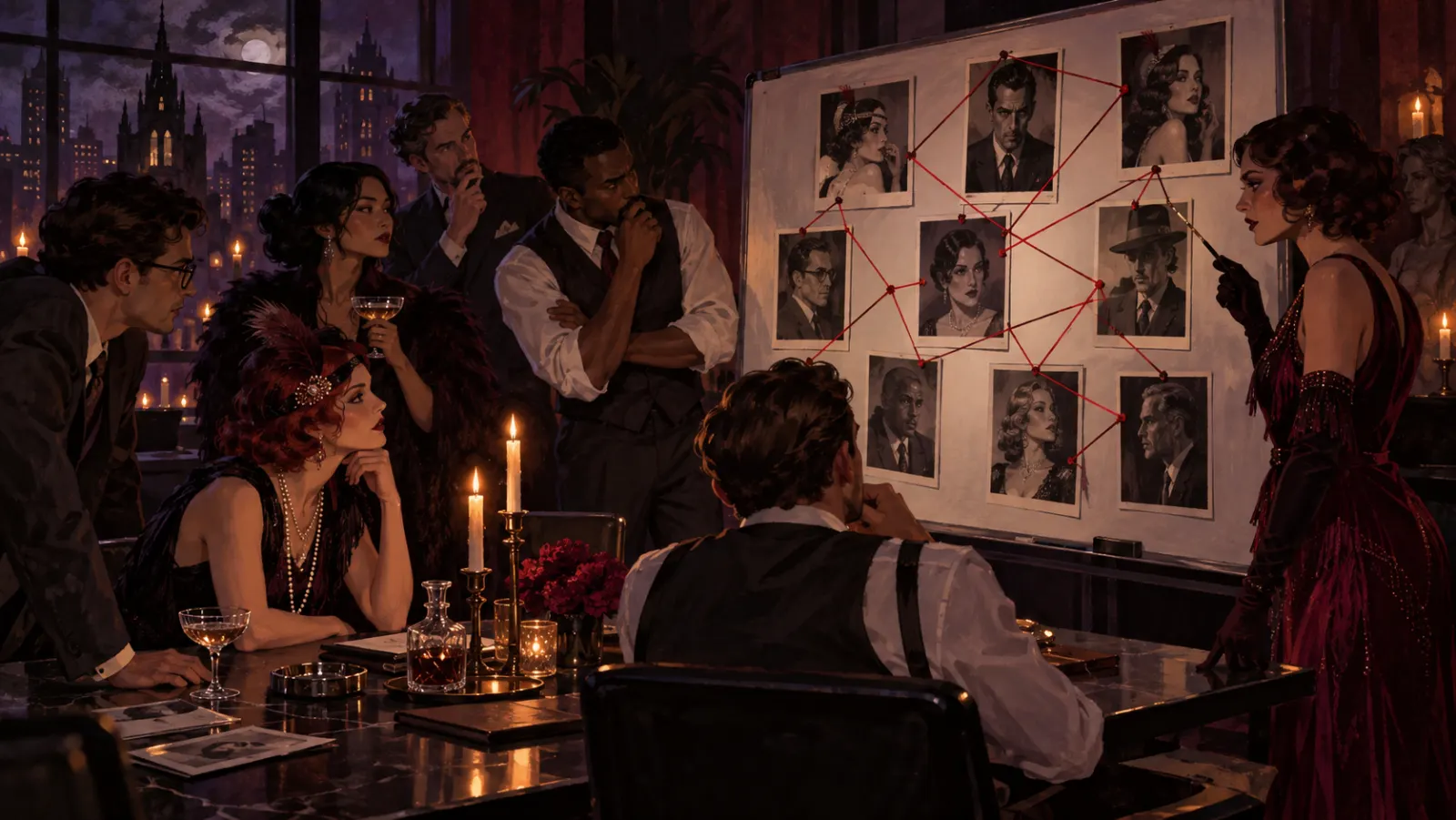Coworkers studying a whiteboard of suspect photos connected by red string