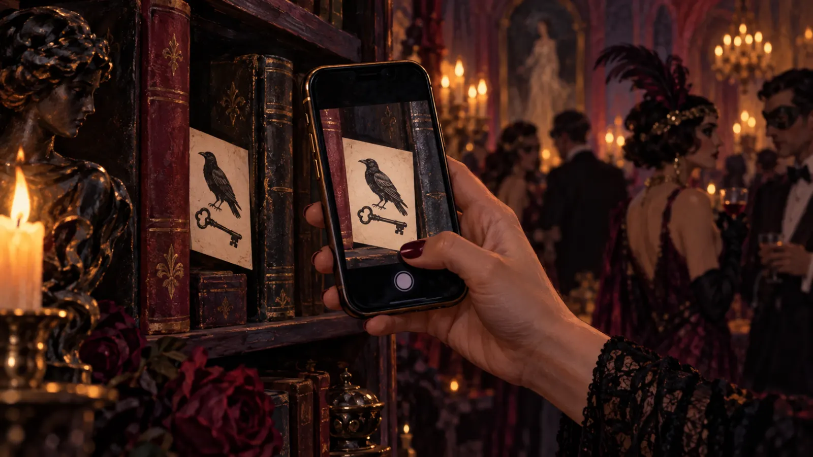 A guest scanning a printed evidence card hidden between books with a smartphone